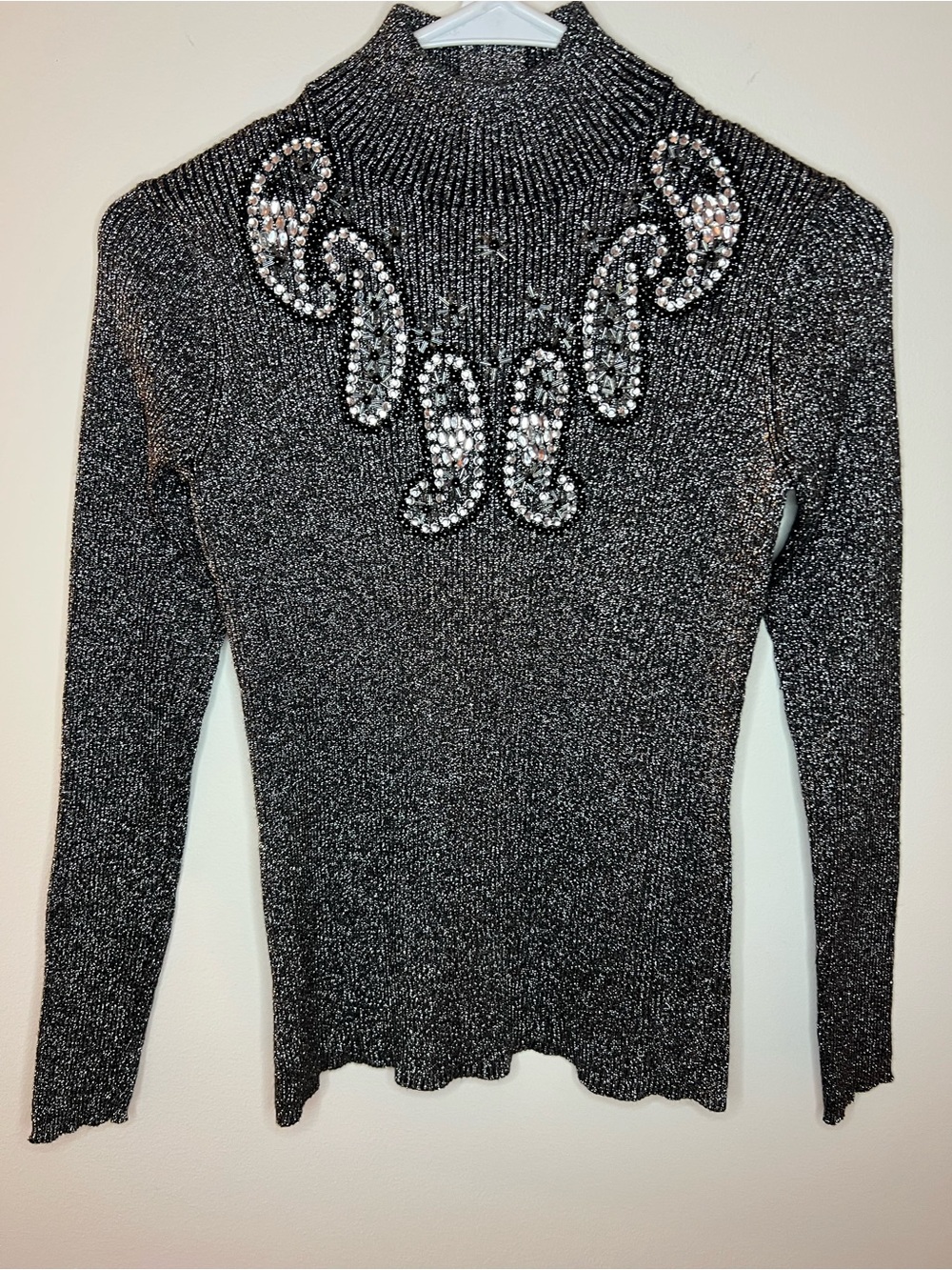 Black Silver Metallic Knit Top with Beaded Swirl Detail